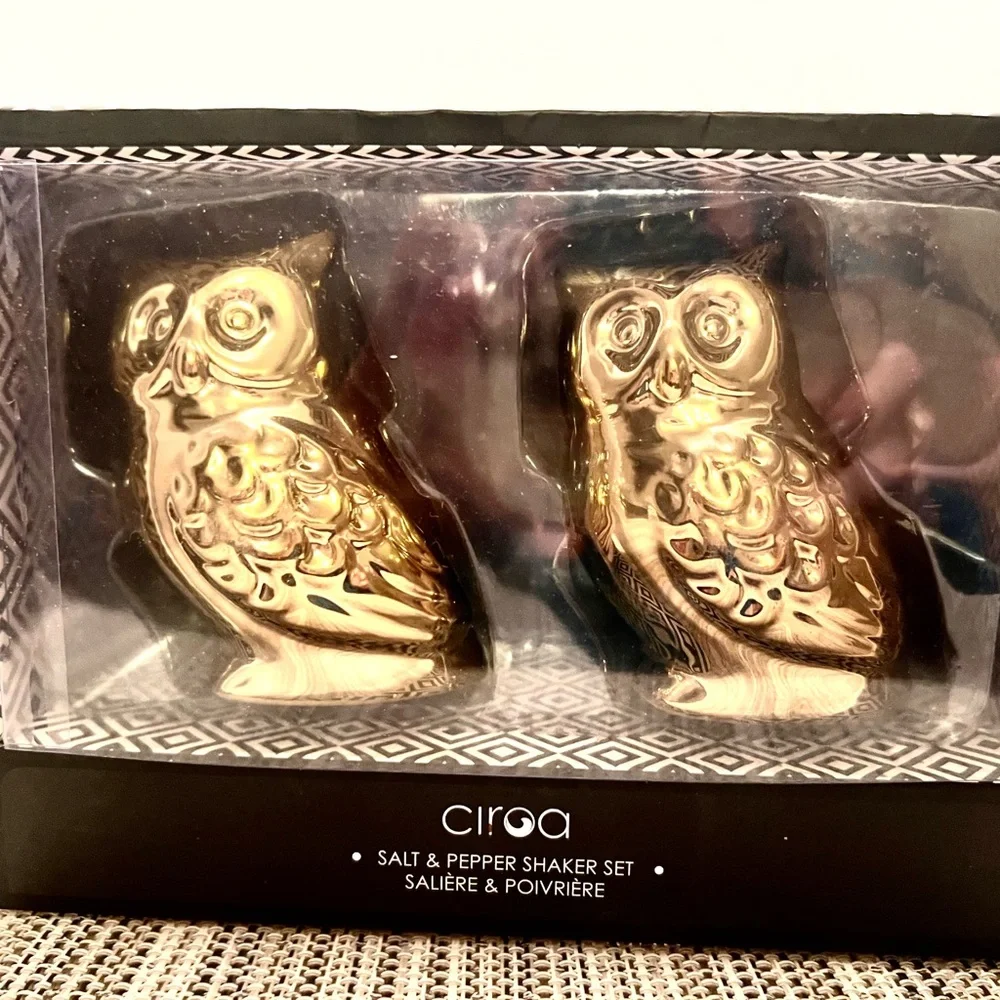 NEW Gold Owl Salt and Pepper Shakers. In box.